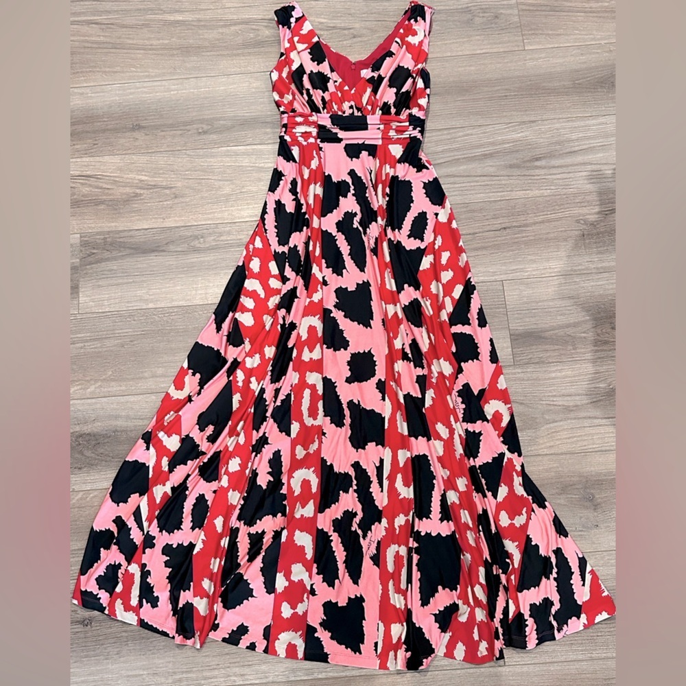V-Neck Pink & Red Print Maxi Dress